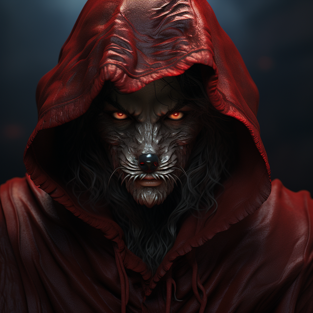 Detailed image of human-animal with rogue hood and demon eyes