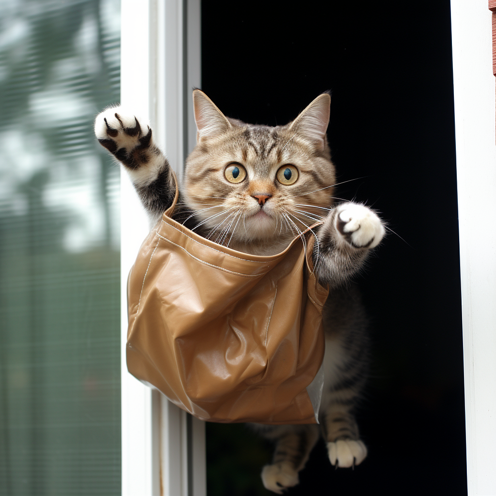 Human cat thief with bag of treasure jumping from window