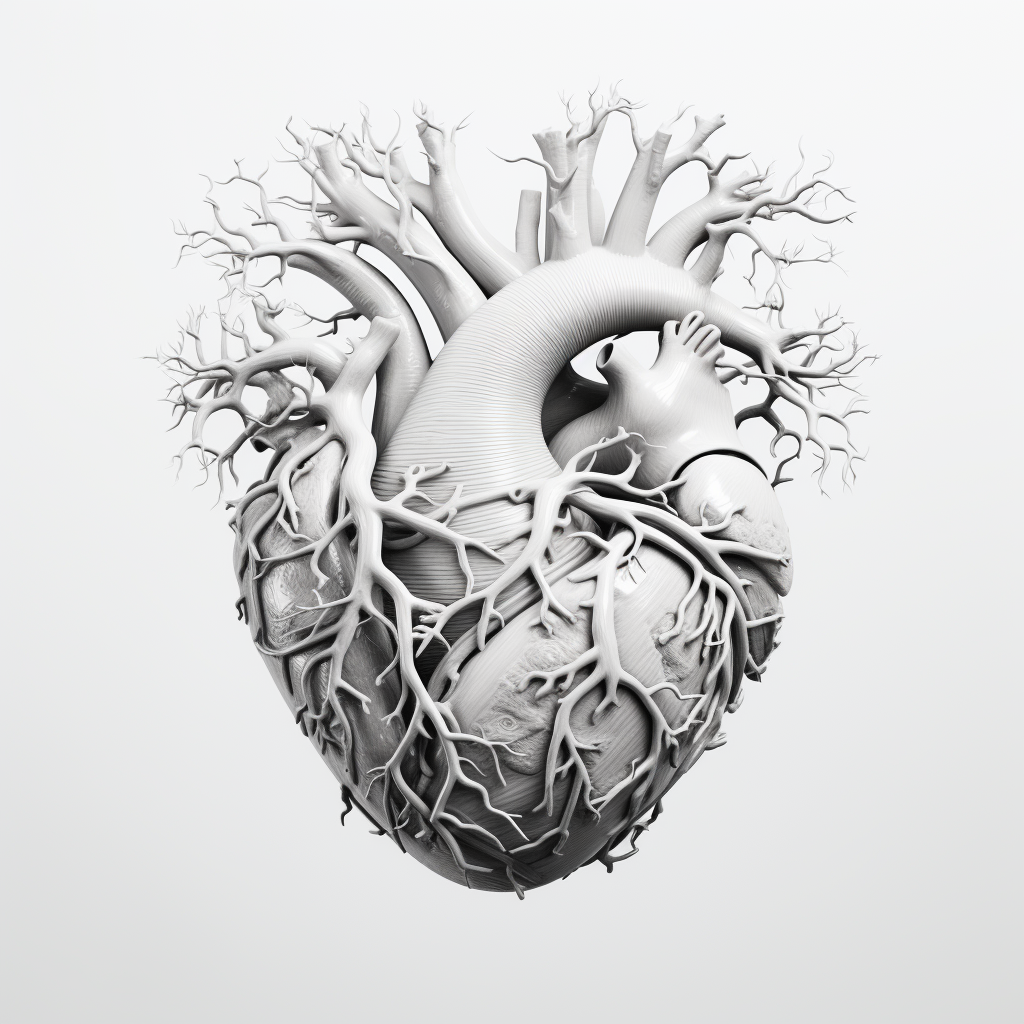 Detailed black and white human heart illustration