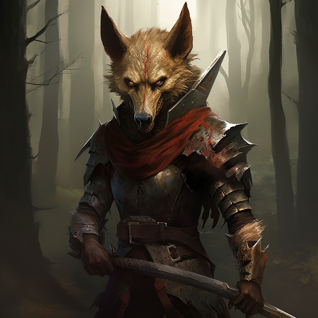 Human Jackal Hybrid Creature with Axe and Magic