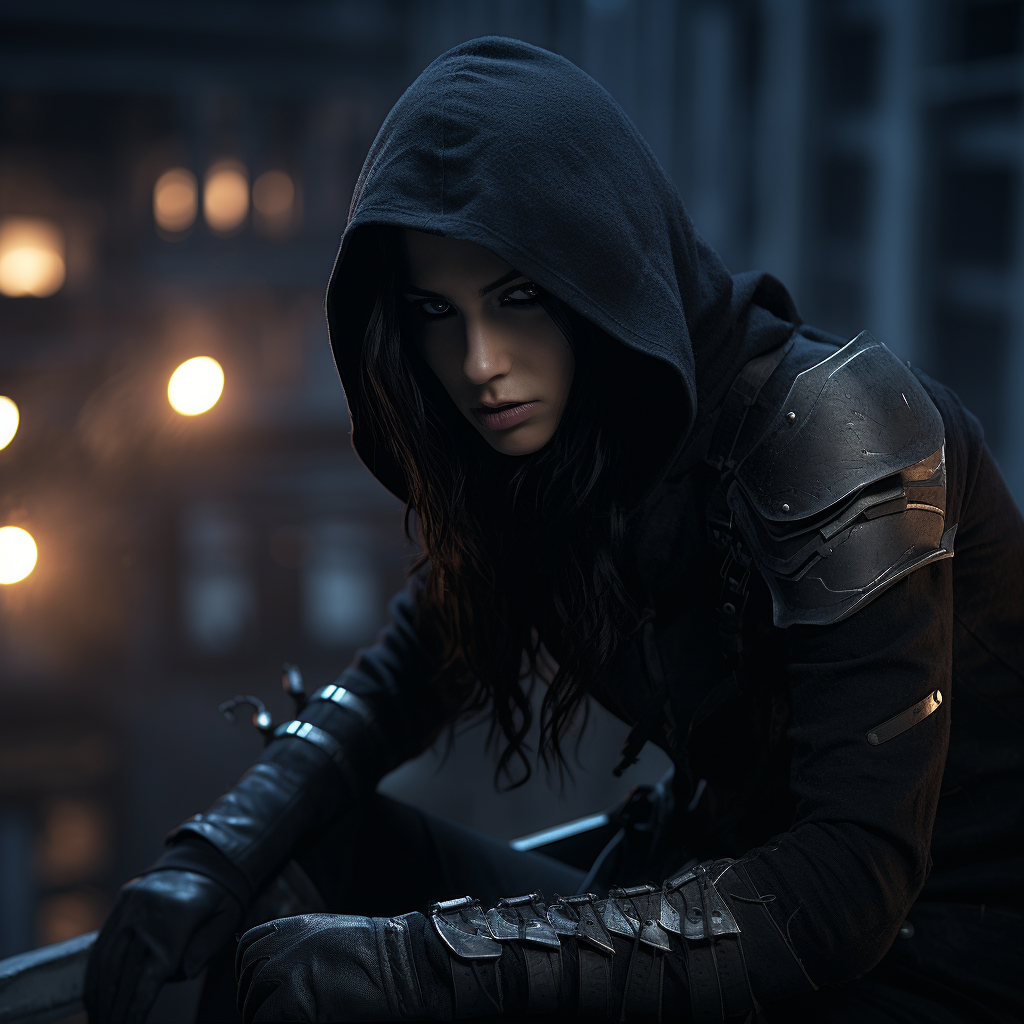 Stealthy female thief with black armor sitting on building