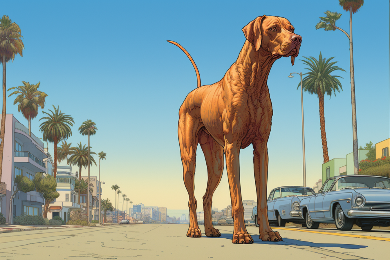 Vizsla on palm tree street