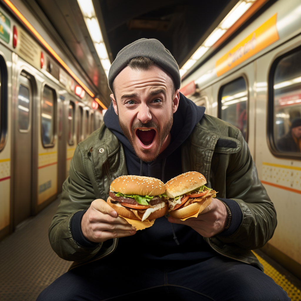 Man eating burger on subway tracks