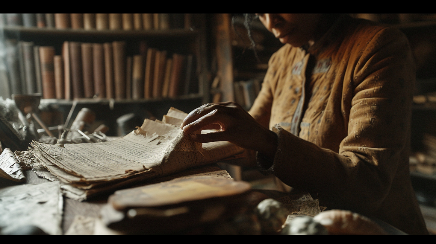 Hurston's hands holding manuscripts and artifacts