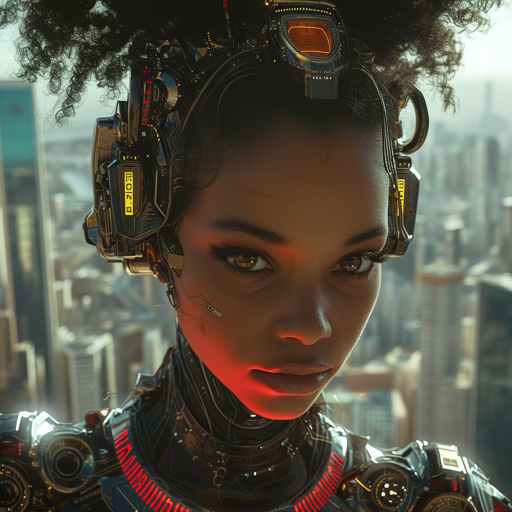 Hybrid Cyborg Afro Latina Woman in Cyberpunk Los Angeles Utopian World