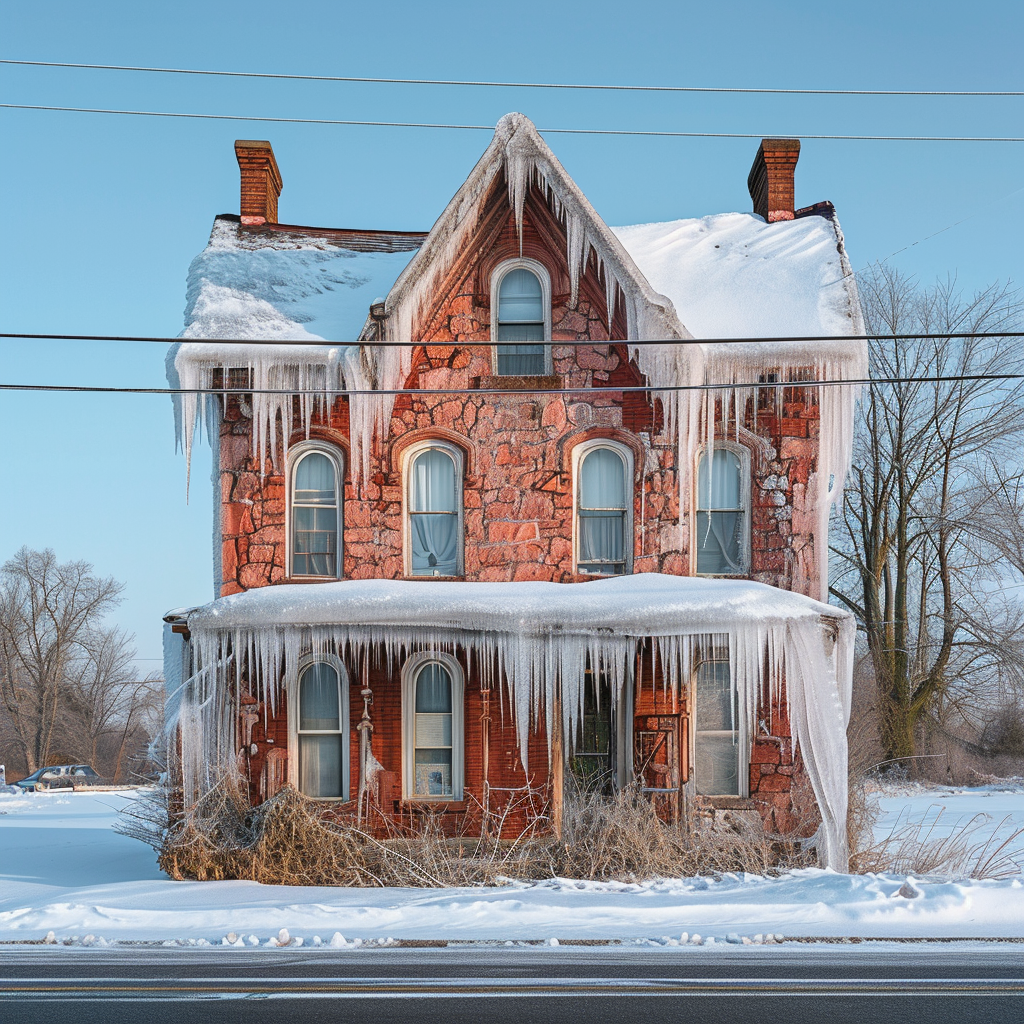 Ice covered red brick house