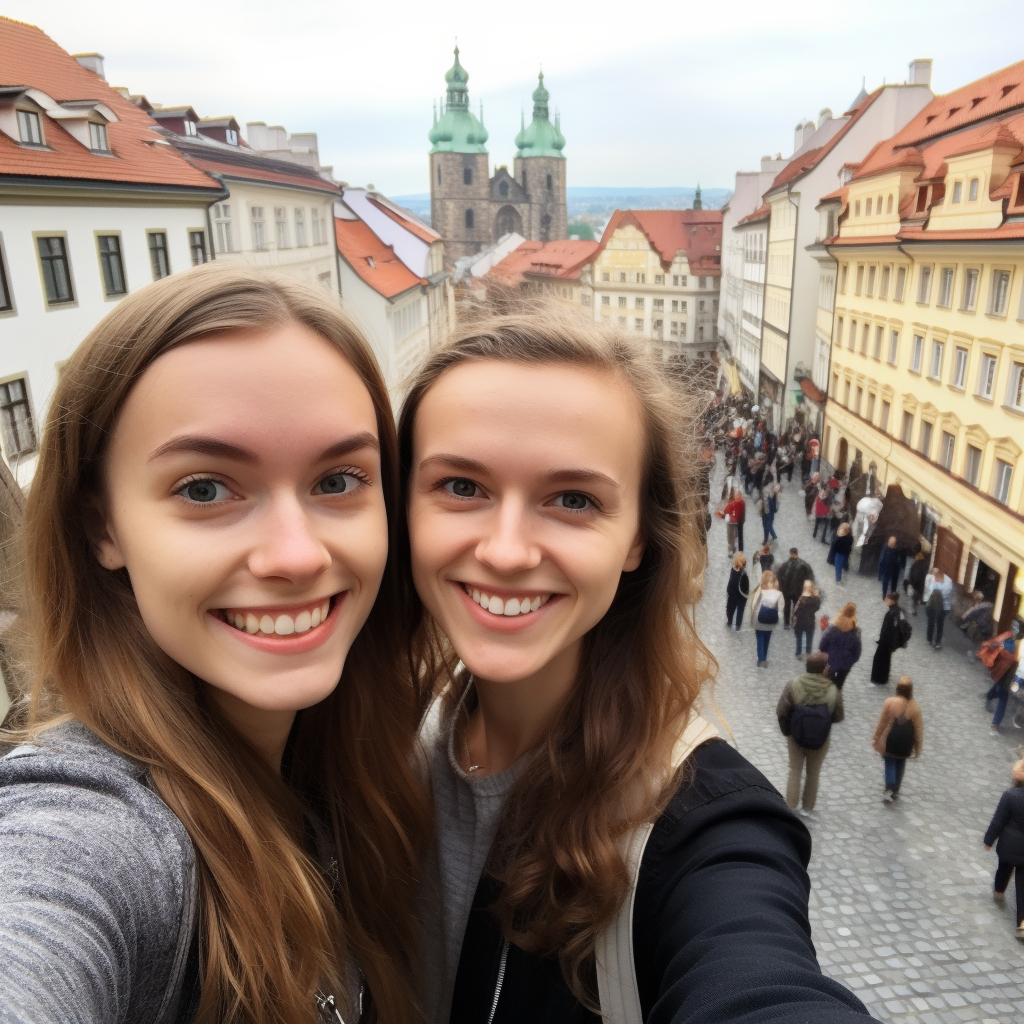 Identical twin sisters taking a selfie in Prague