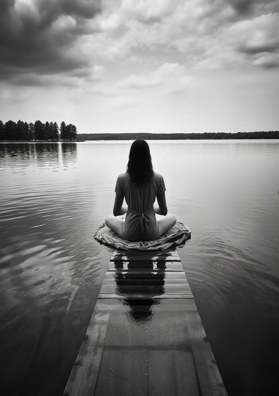 Black and white photo of a woman meditating outdoors