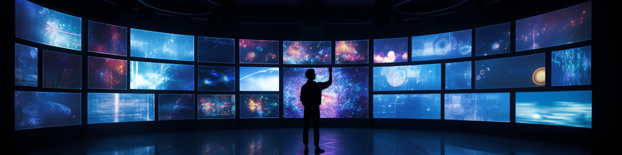 Immersive exhibition in a dark room with borderless wall screens