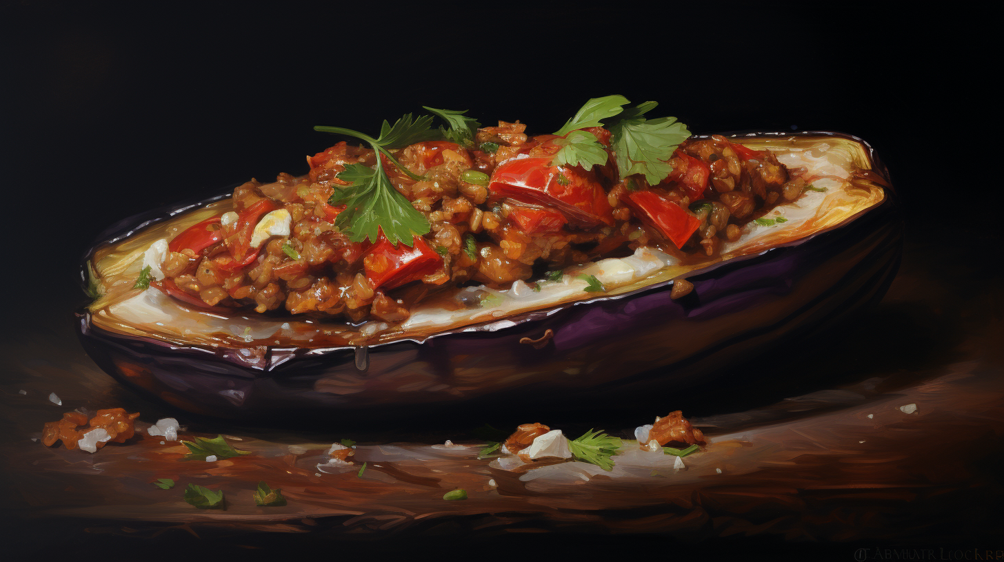 Eggplant stuffed with meat and tomato slices