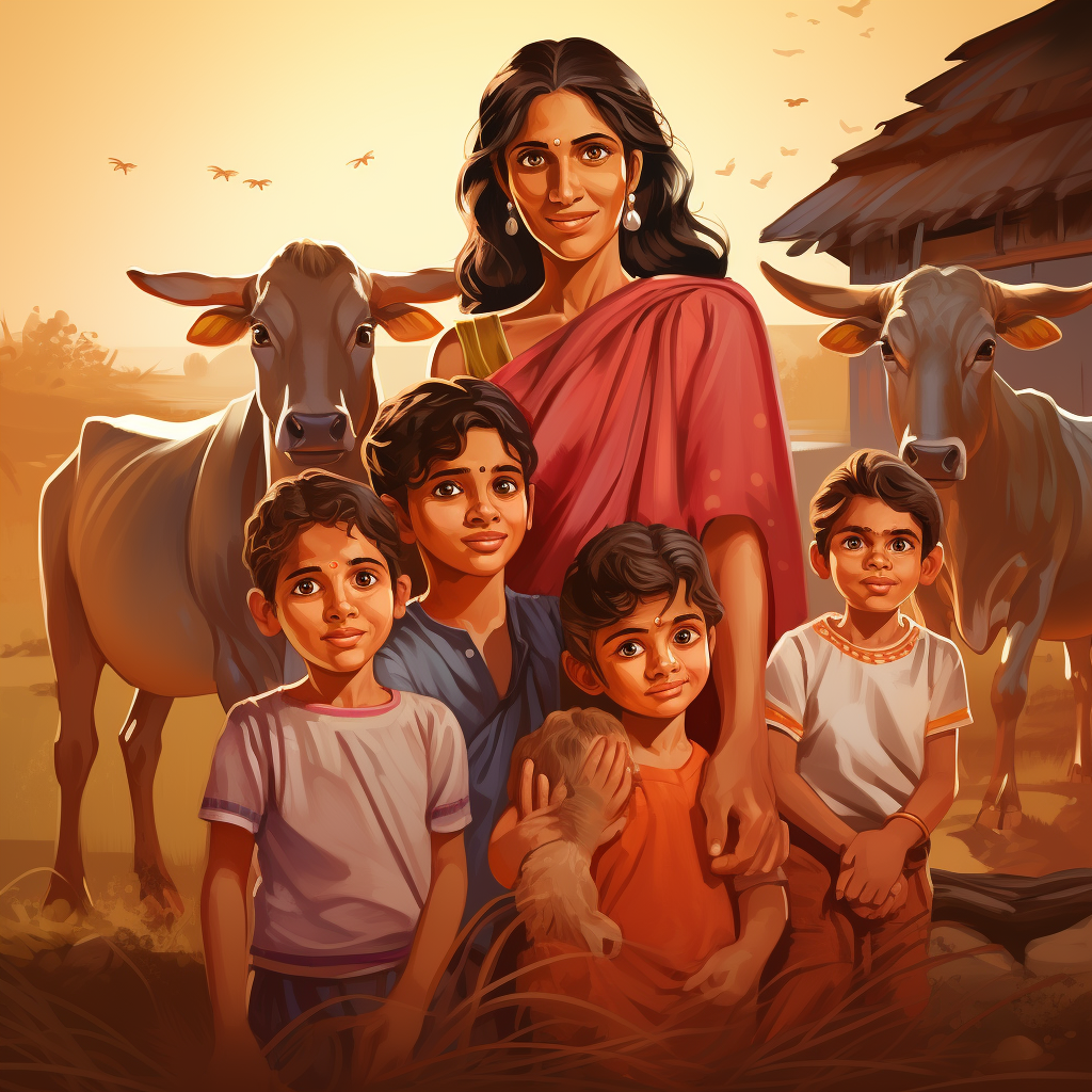 Indian mother and five children in front of cow barns