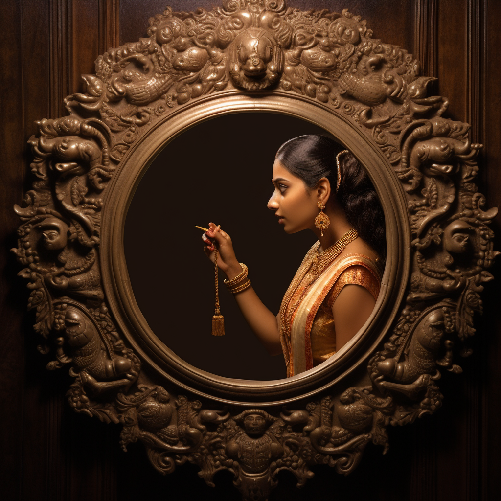 Indian woman in sari with mirror and bindi