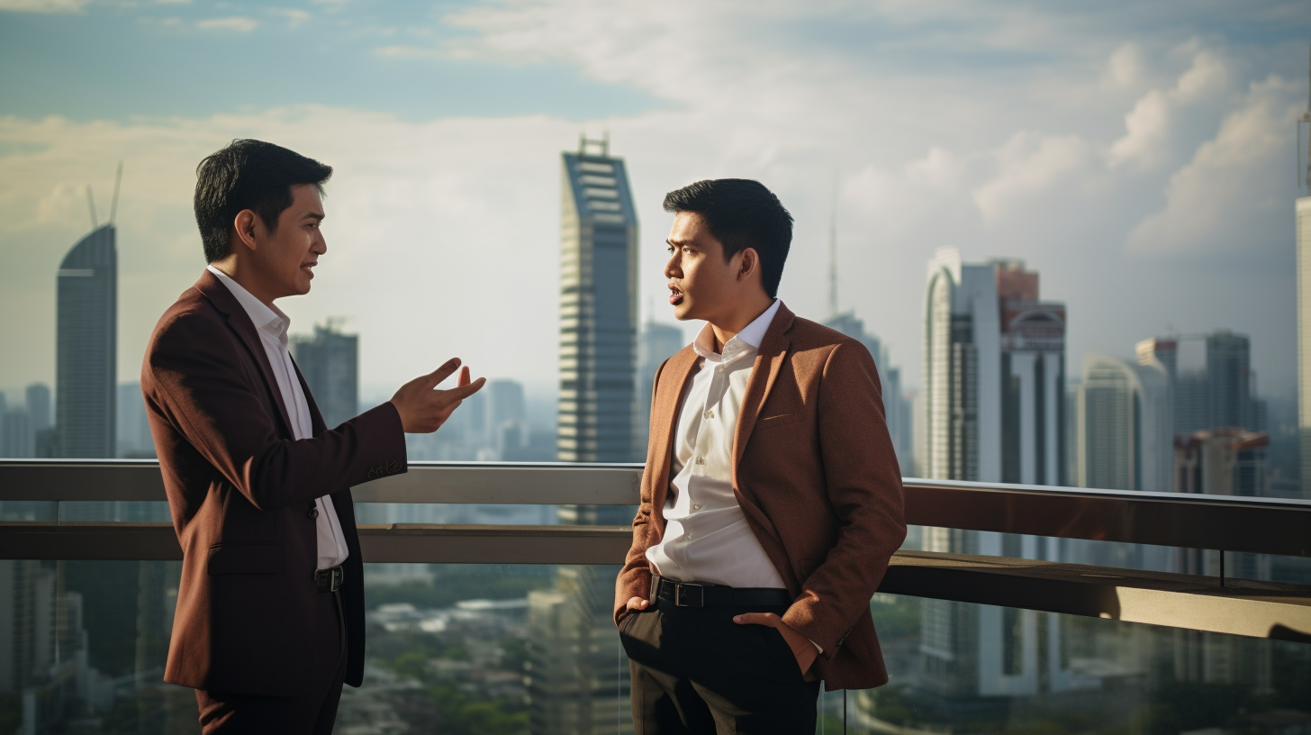 Two young Indonesian businessmen talking on a rooftop at sunset