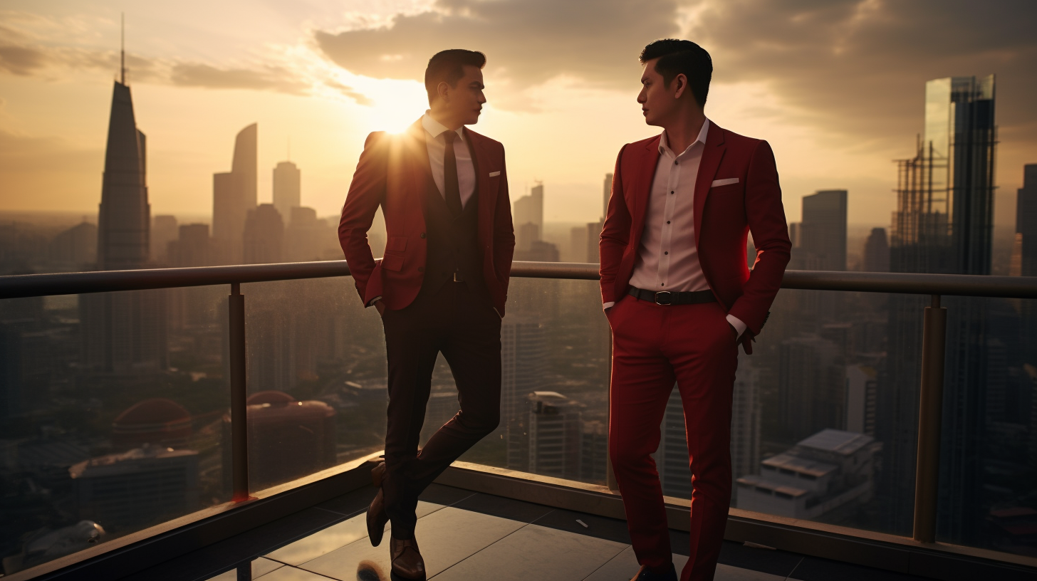 Two young Indonesian businessmen posing on rooftop at sunset