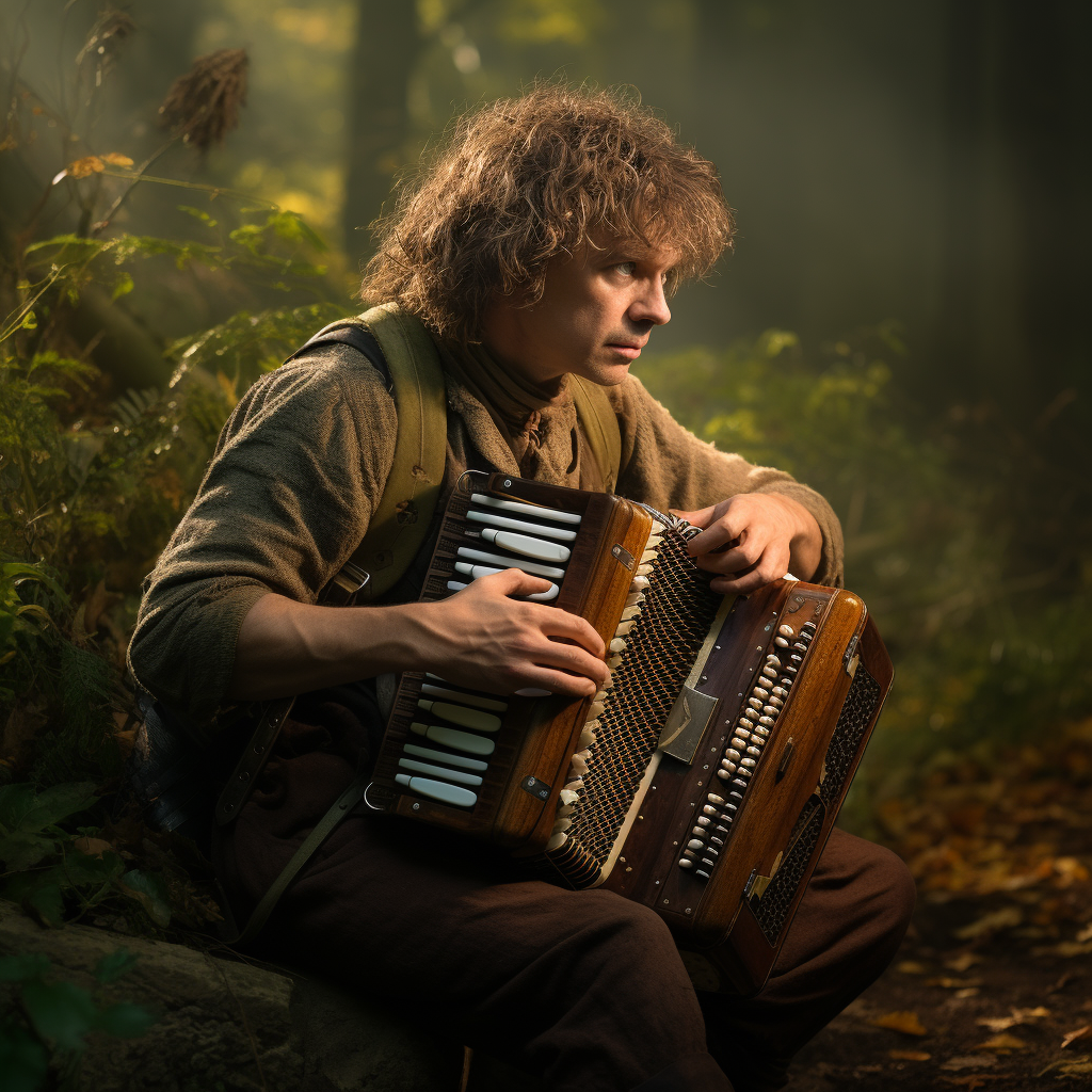 Insane hobbit playing concertina