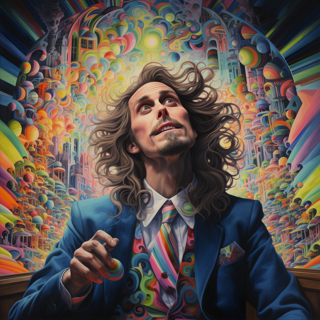 Psychadelic artwork of an insane man pretending to be a lawyer