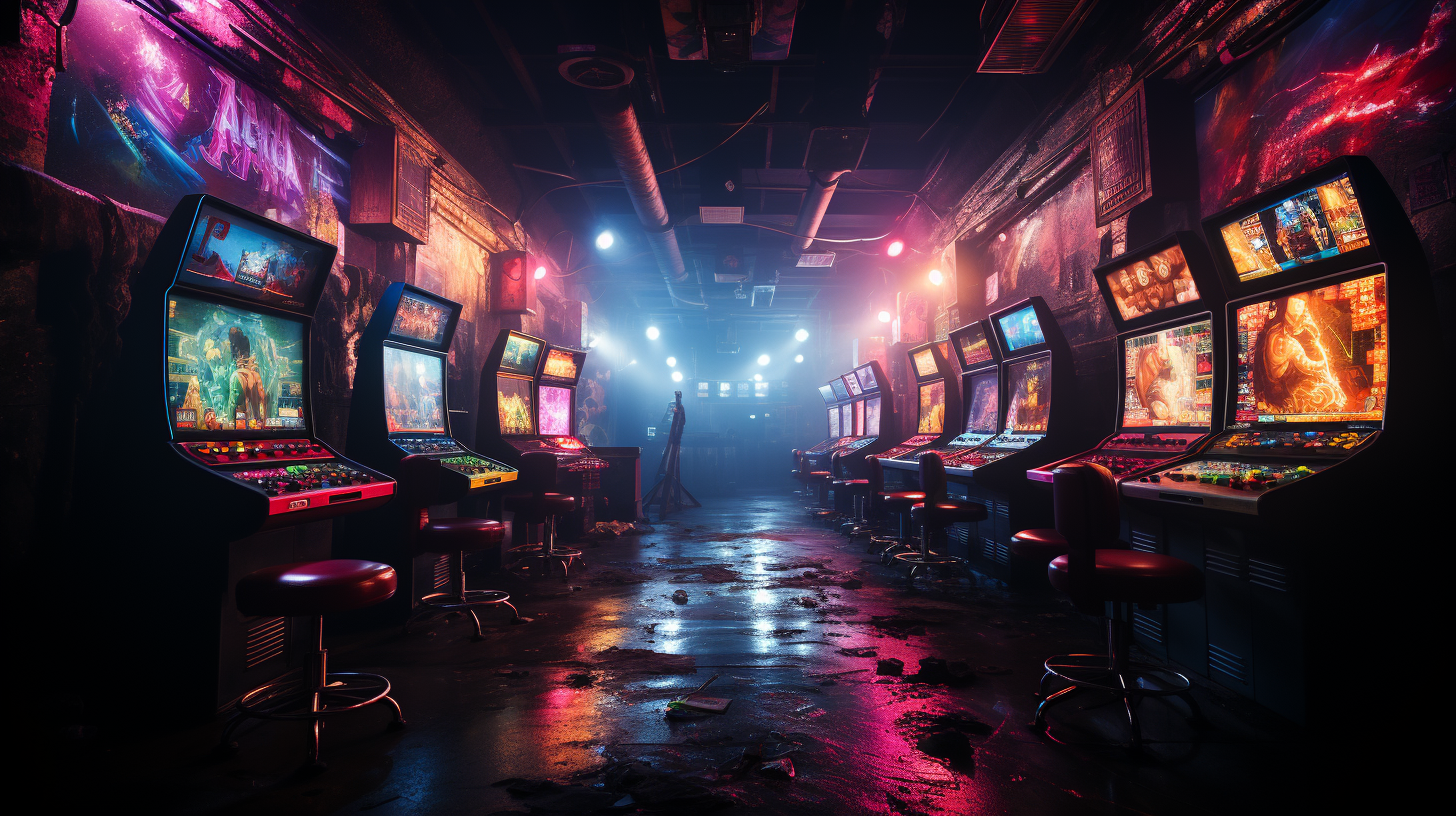 Retro gaming arcade with lit-up screens