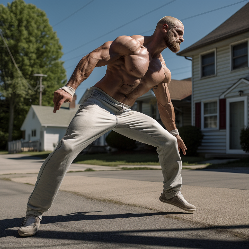 Muscular man clicking heels on suburban street