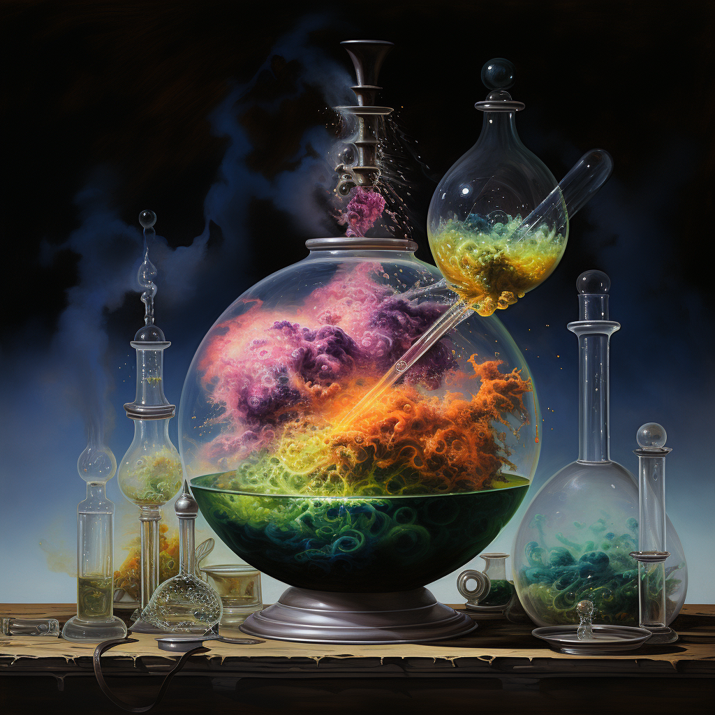 Colorful swirling steam in beakers