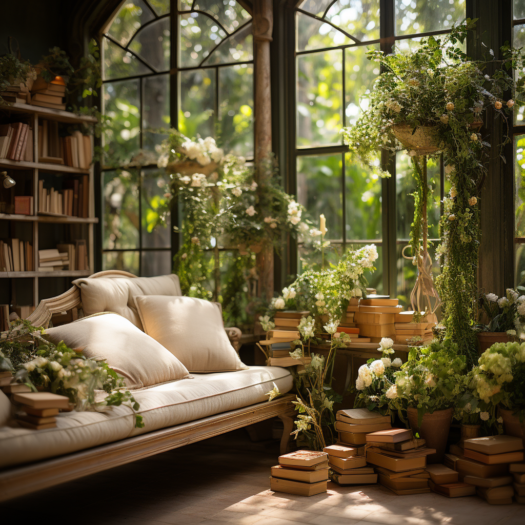 Inviting interior scene with books and green flowers