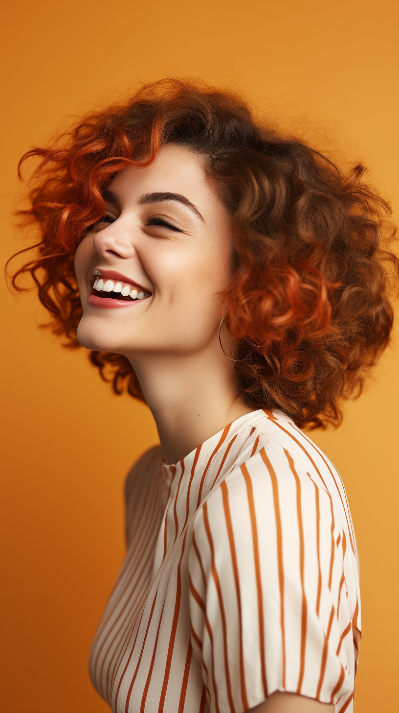 Smiling Irish woman with short curly hair and fashion style