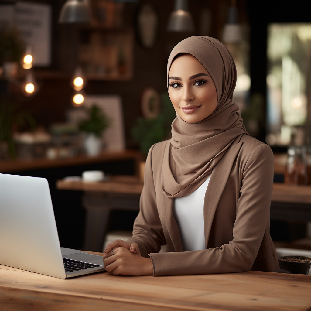 Islamic woman with green eyes at table