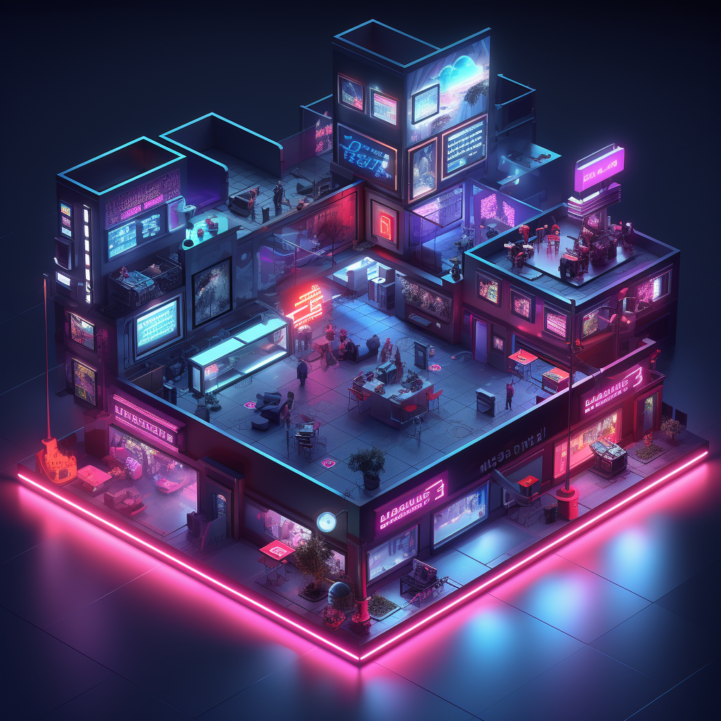 Isometric Cyberpunk Game Map with Neon Lights