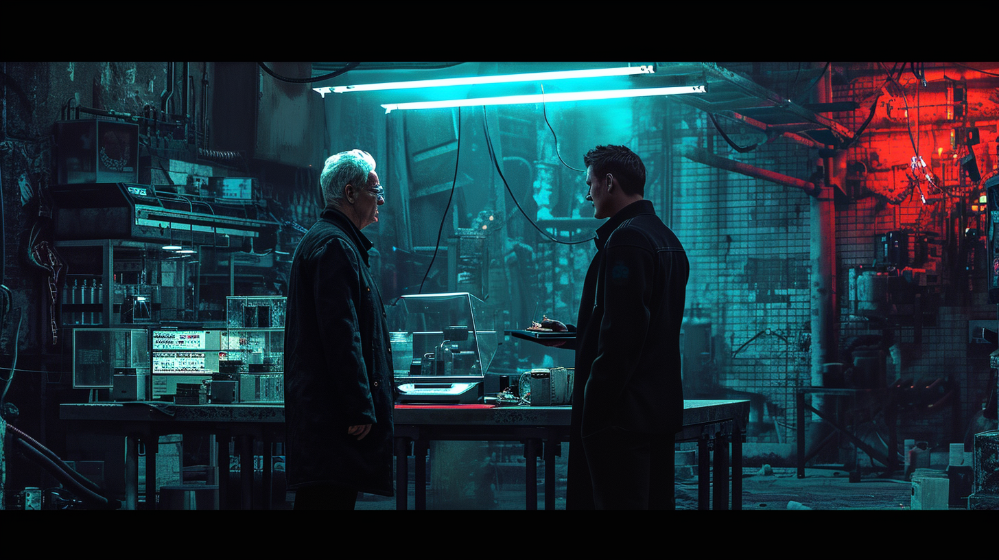 James Bond talking to scientist in cyberpunk world