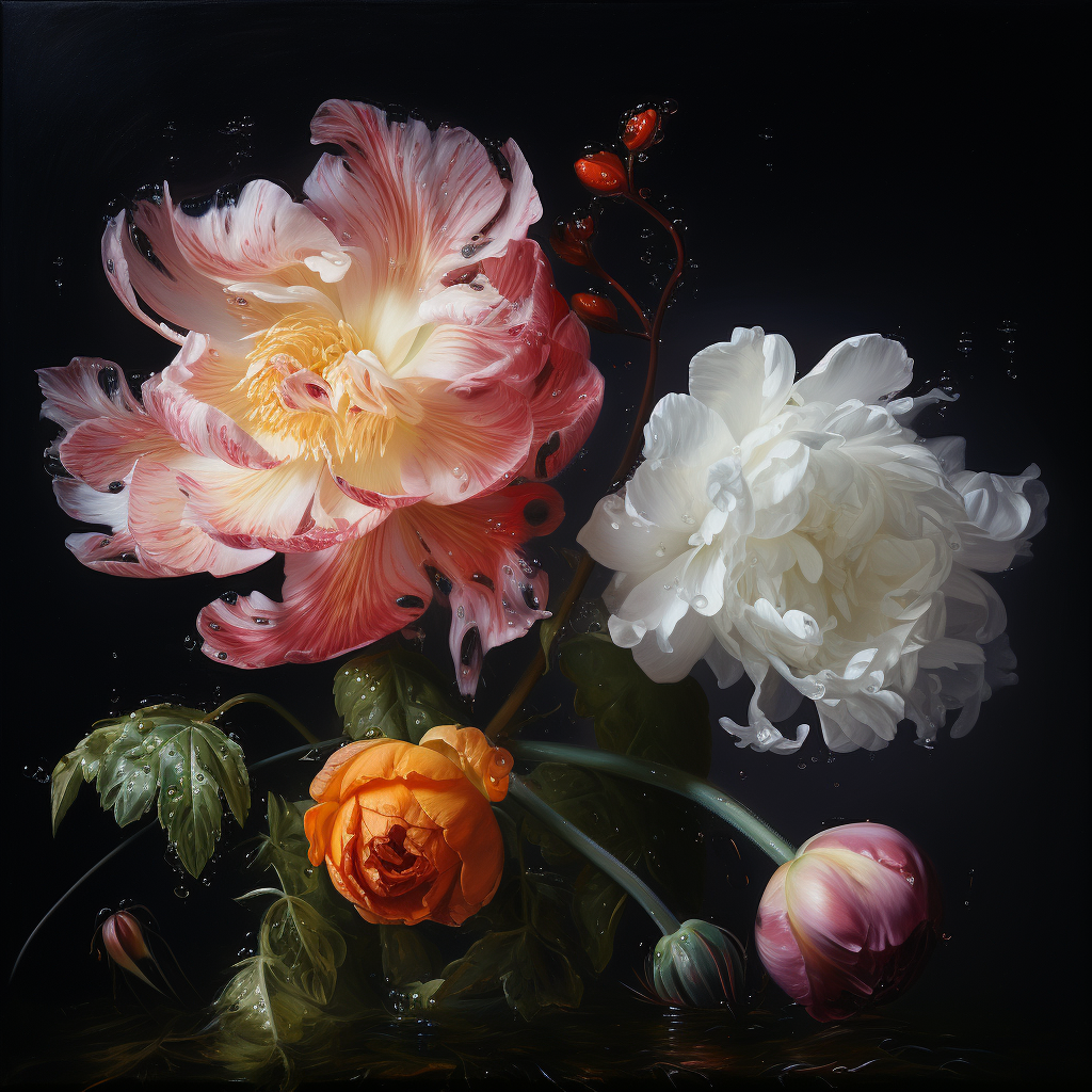 Two real Jan Van Huysum flowers emerging from black background