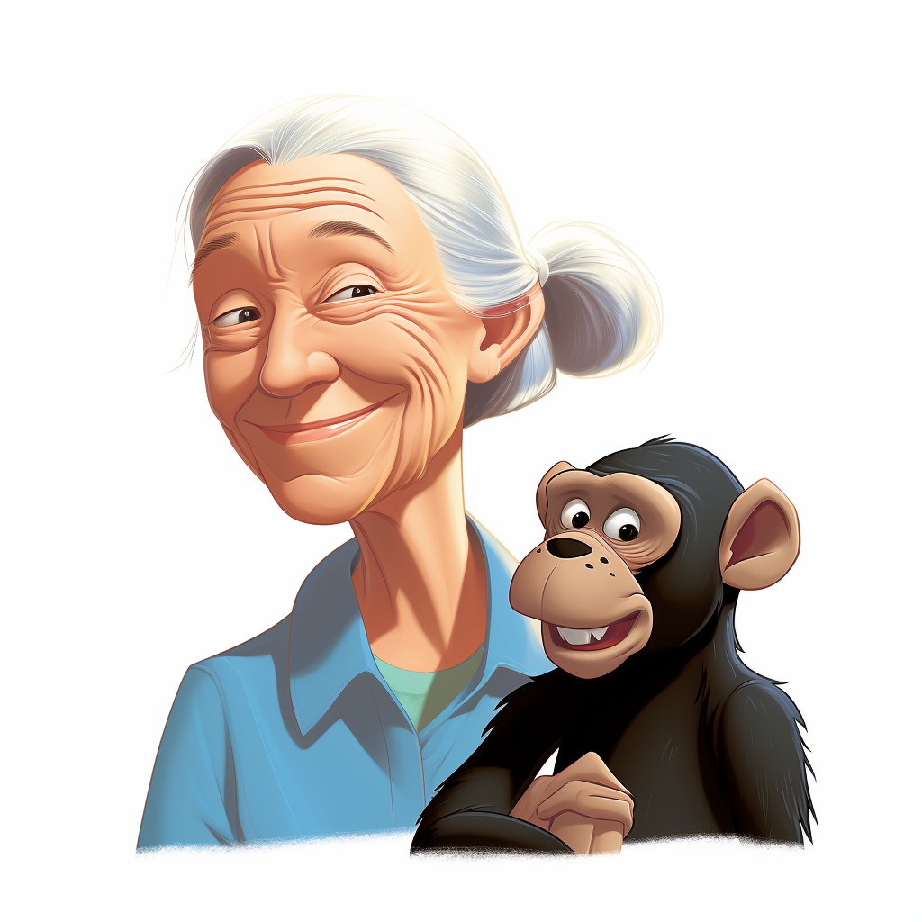 Smiling Jane Goodall with Chimpanzee