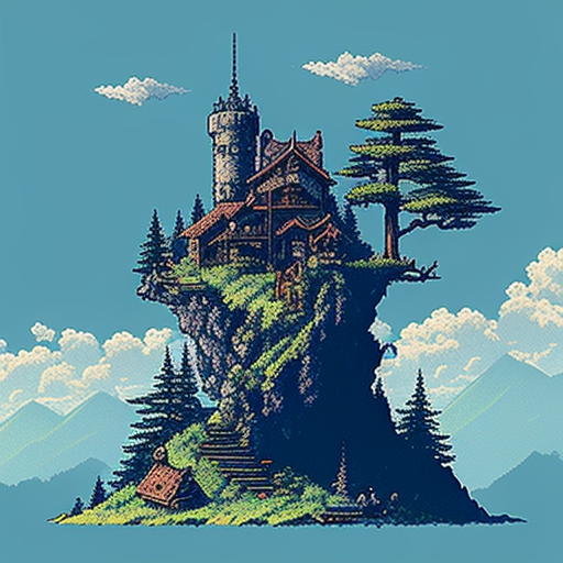 Pixel art castle in Japanese Owlboy style