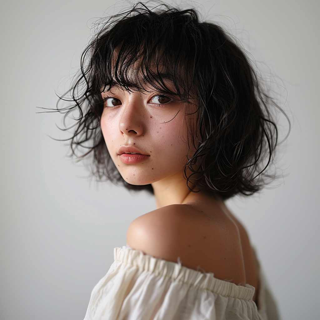 Japanese girl with stylish hair on white background