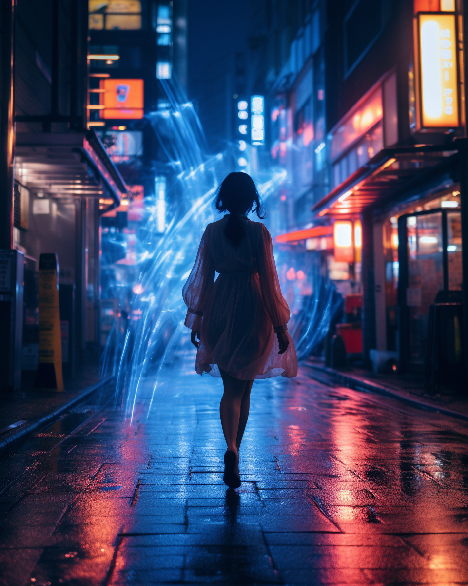 Japanese girl walking with afterimage effect