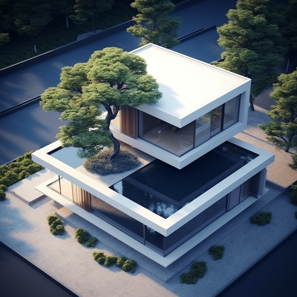 Minimalist villa with central island and tree