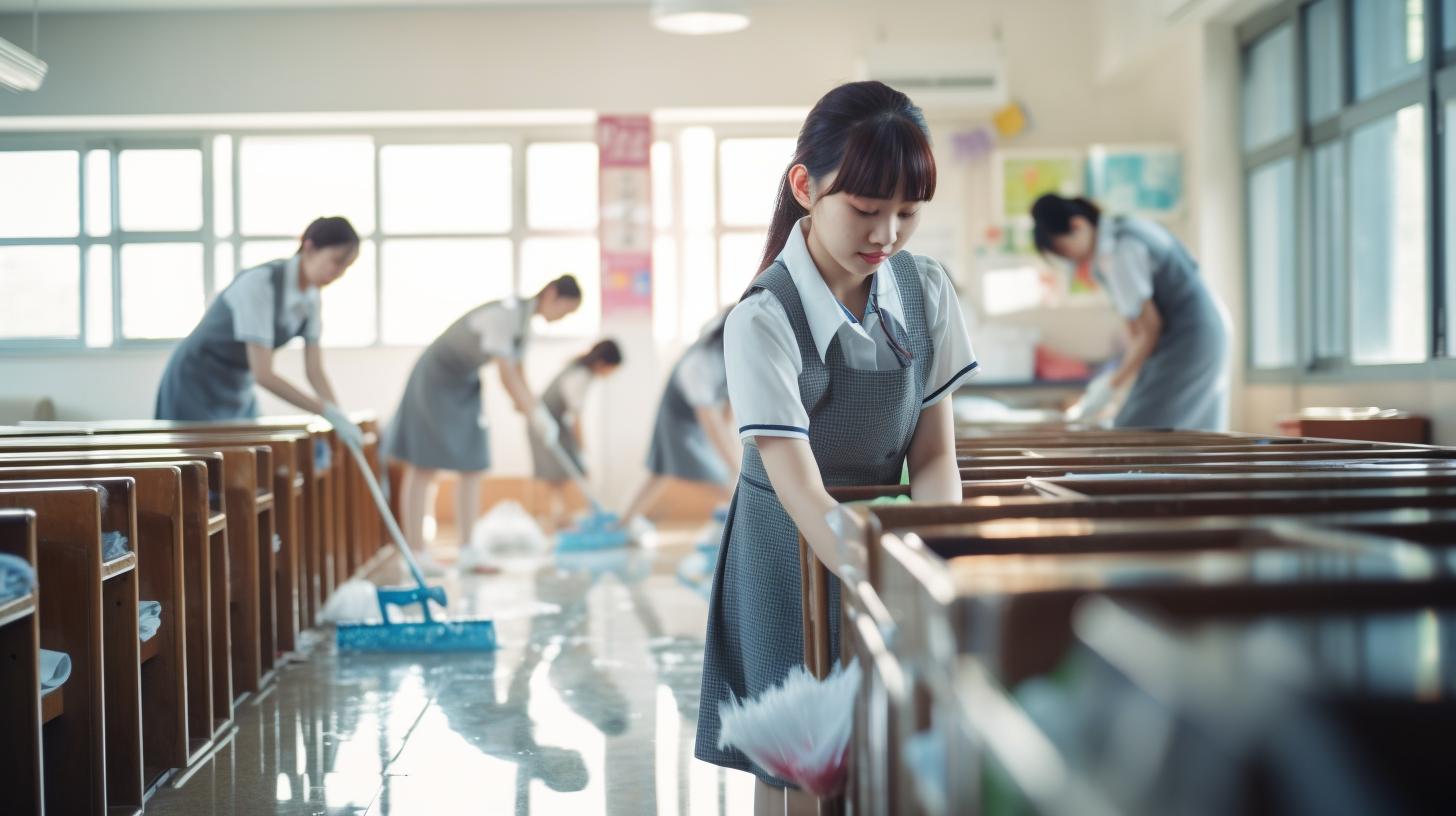 Smiling Japanese School Students Cleaning Classroom