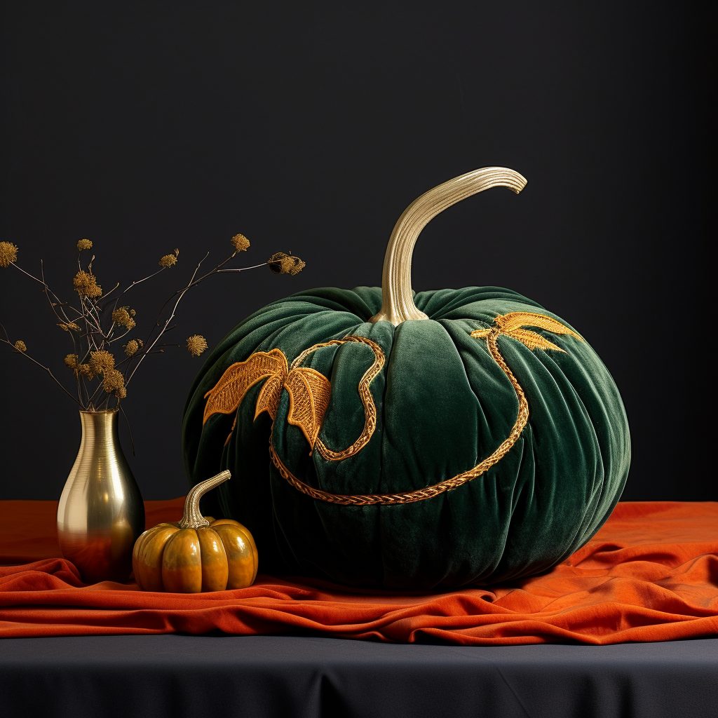 Bright golden pumpkin on velvet tablecloth