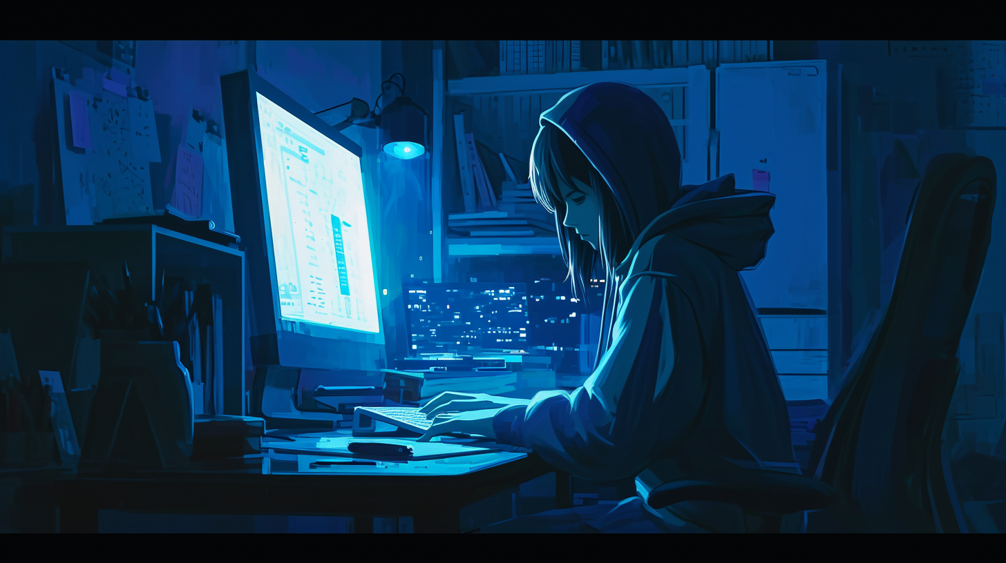 Solitary figure in hoodie, typing on illuminated monitor