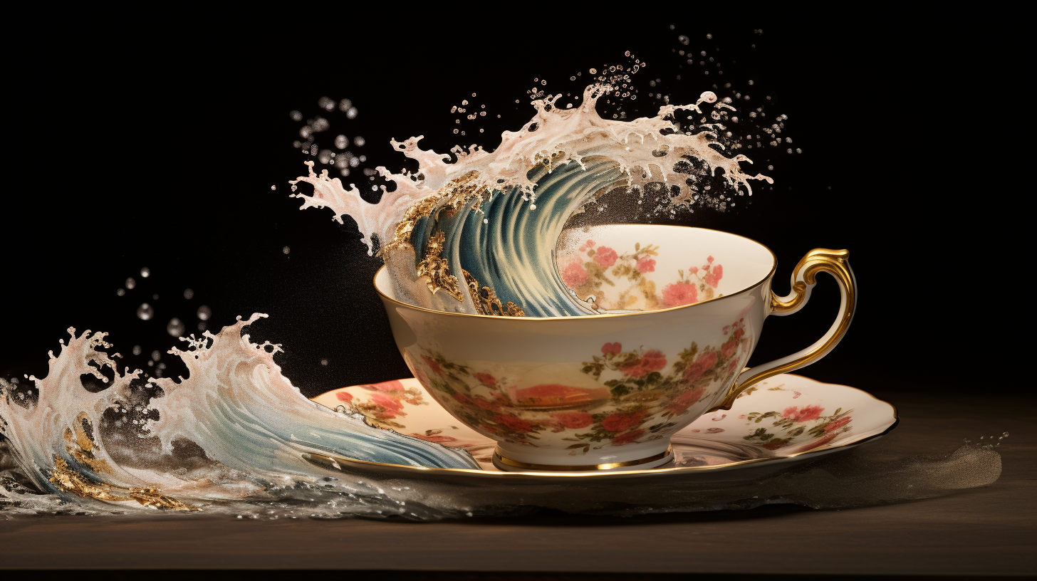 Japanese tea cup overflowing with tea