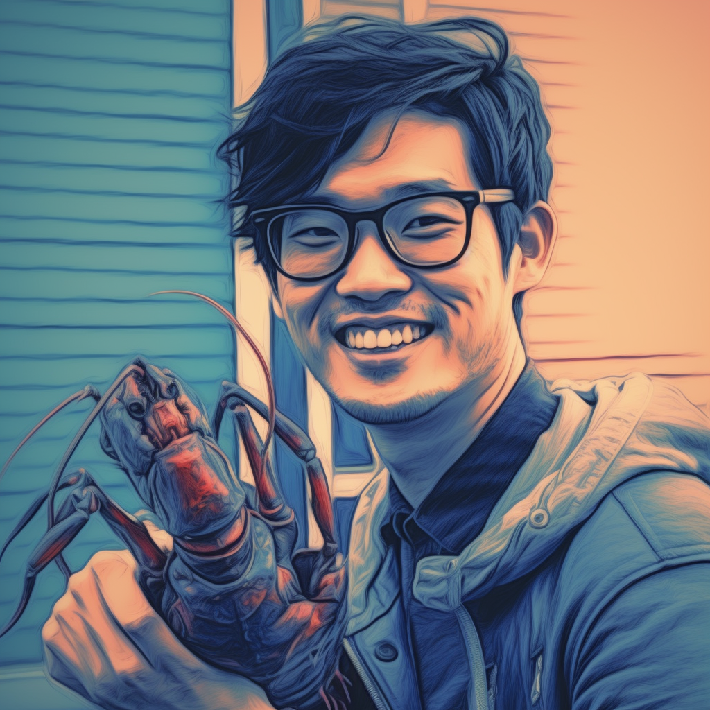 Japanese uncle holding smiling lobster