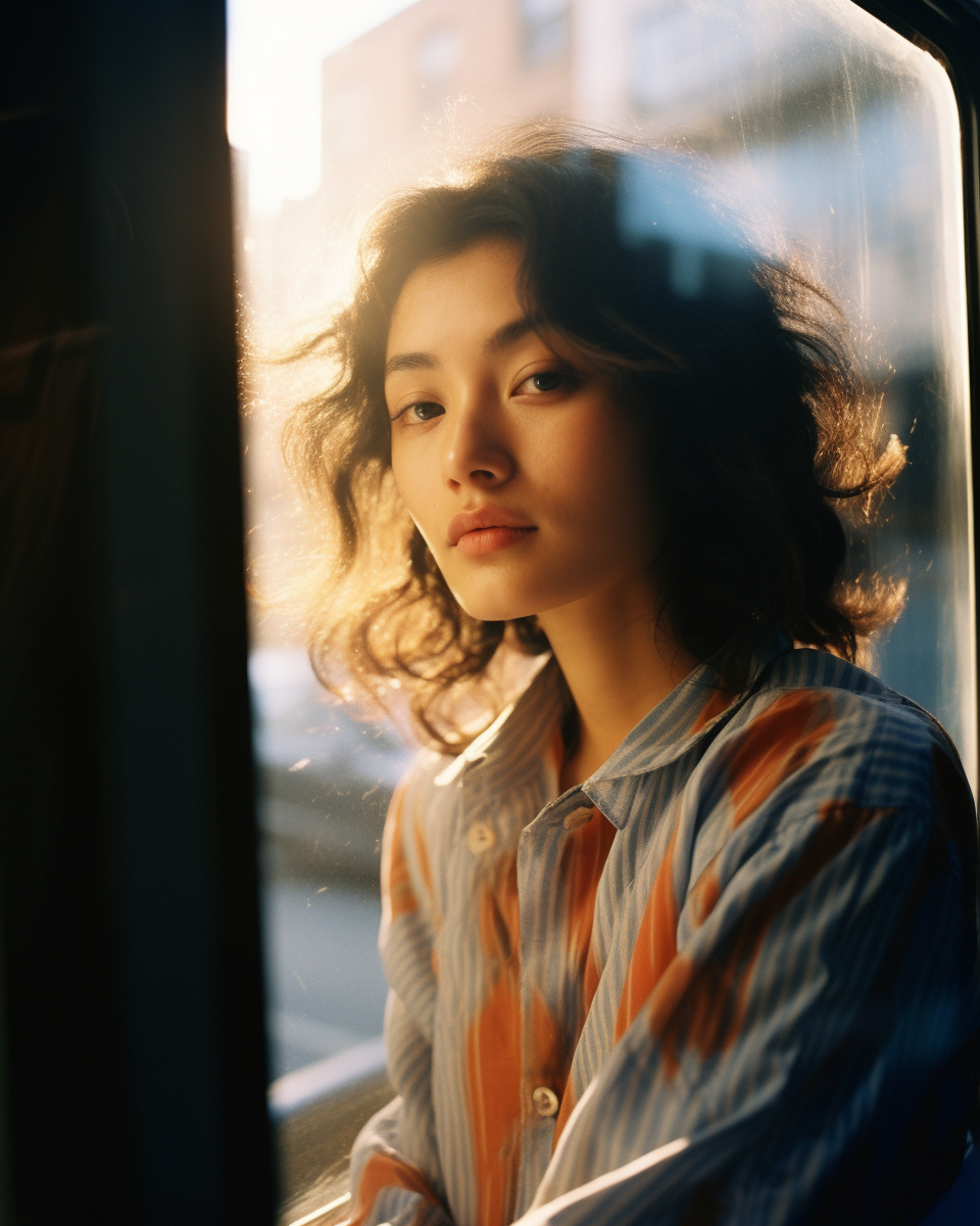 Young Japanese woman in fashionable clothing on morning street