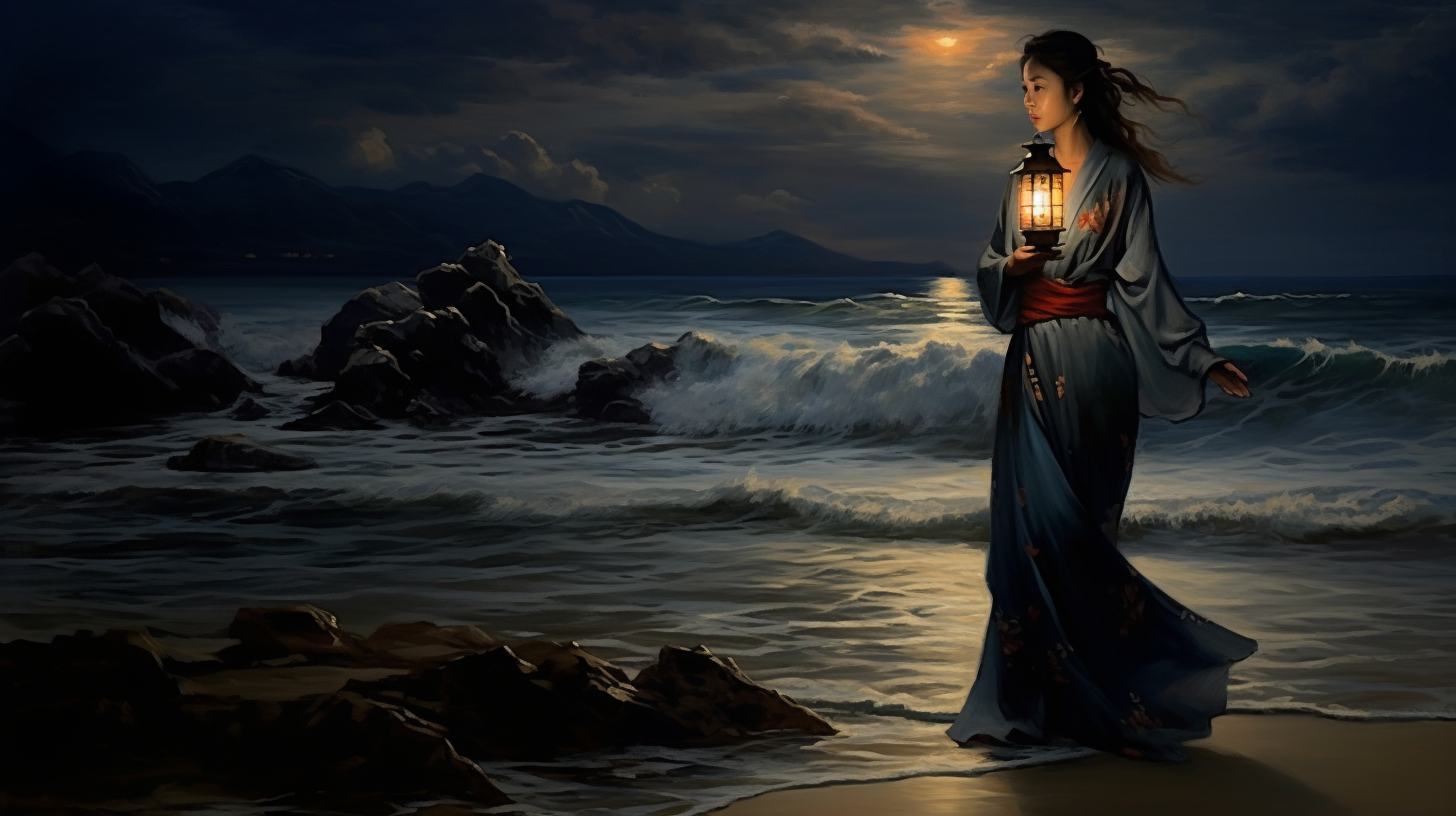 Beautiful Japanese woman staring at ocean with lantern