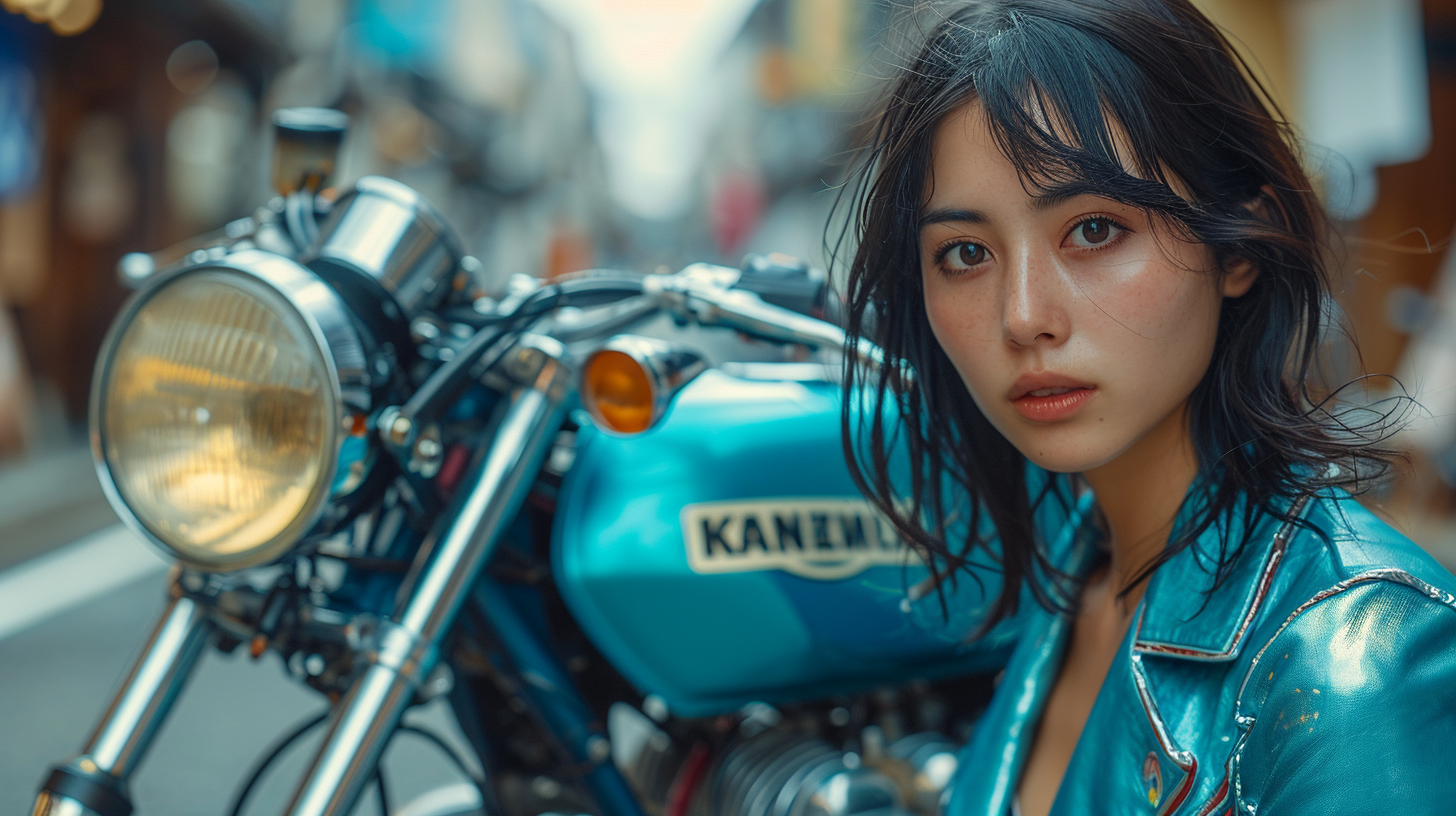 Japanese woman with vintage racing motorcycle