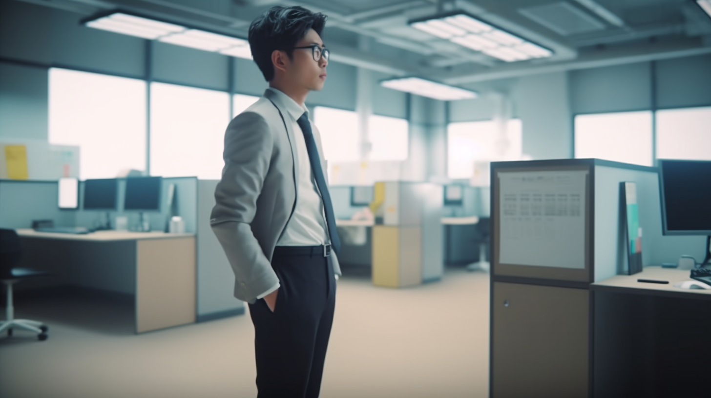 Japanese worker standing in colorful office