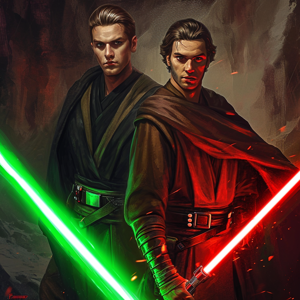 Jedi Pasha and Marat with lightsabers in magic cave