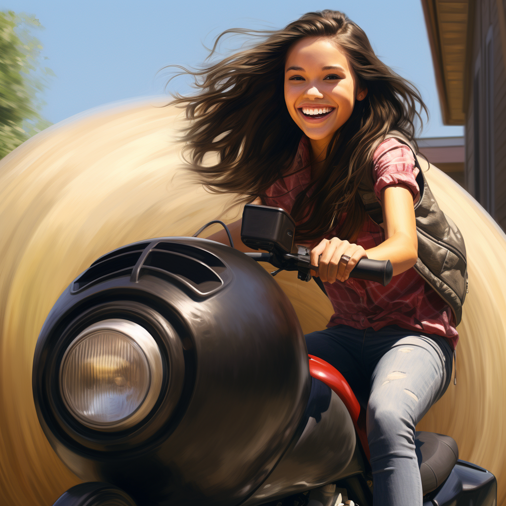 Jenna Ortega riding a big cylinder bike