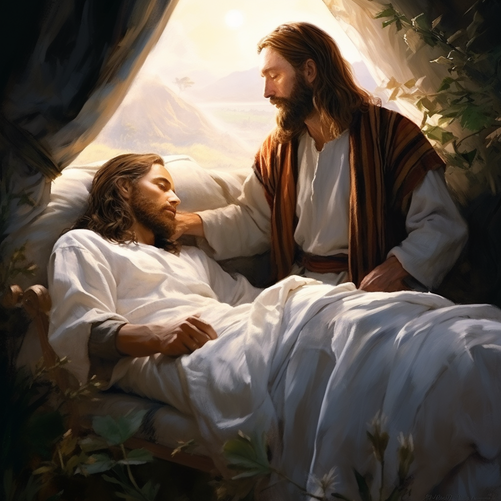 Peaceful scene of Jesus and sleeping man