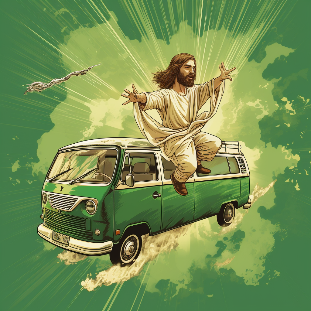 Jesus driving retro van with falling golf clubs