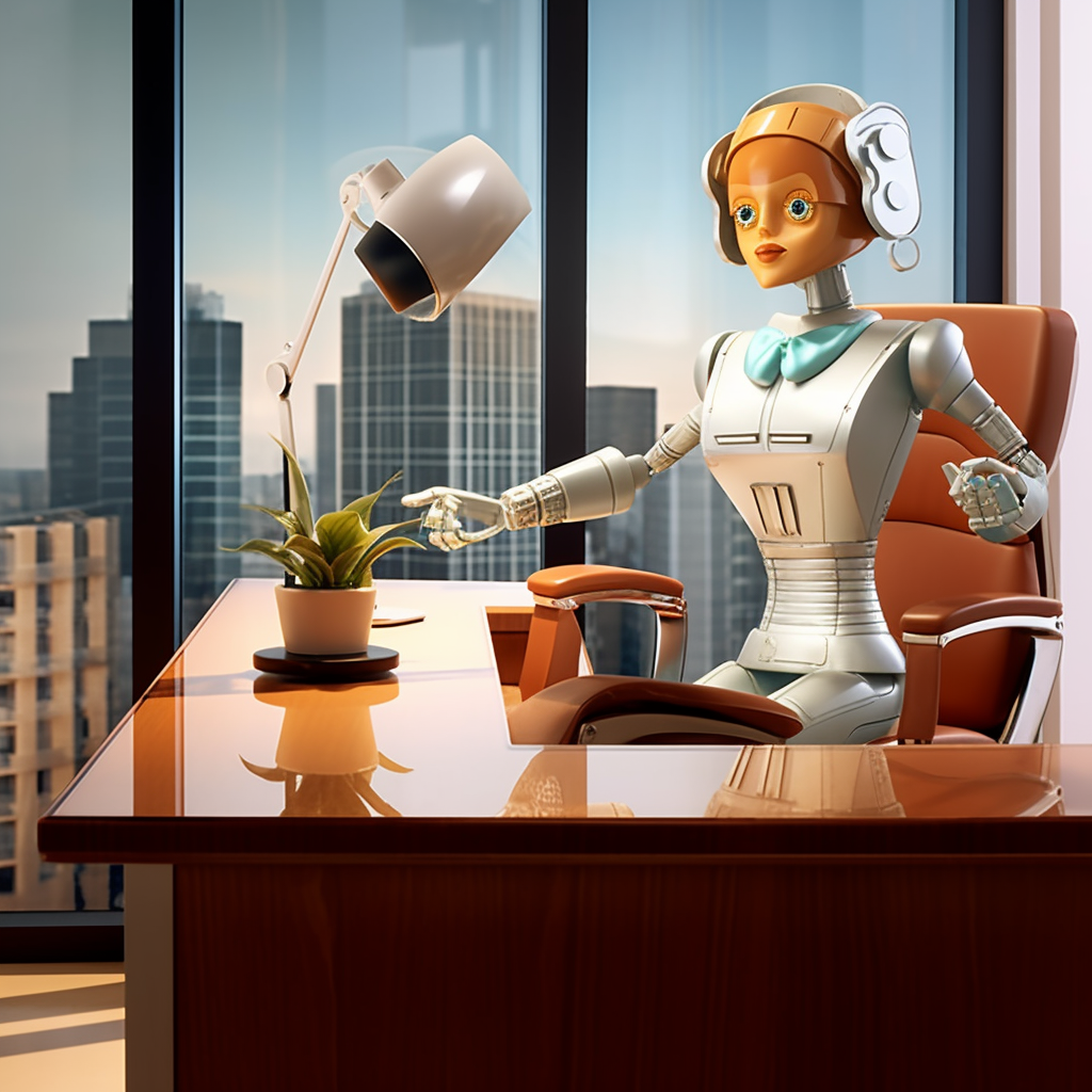 Female Jetsons robot working at mid-century modern executive's office