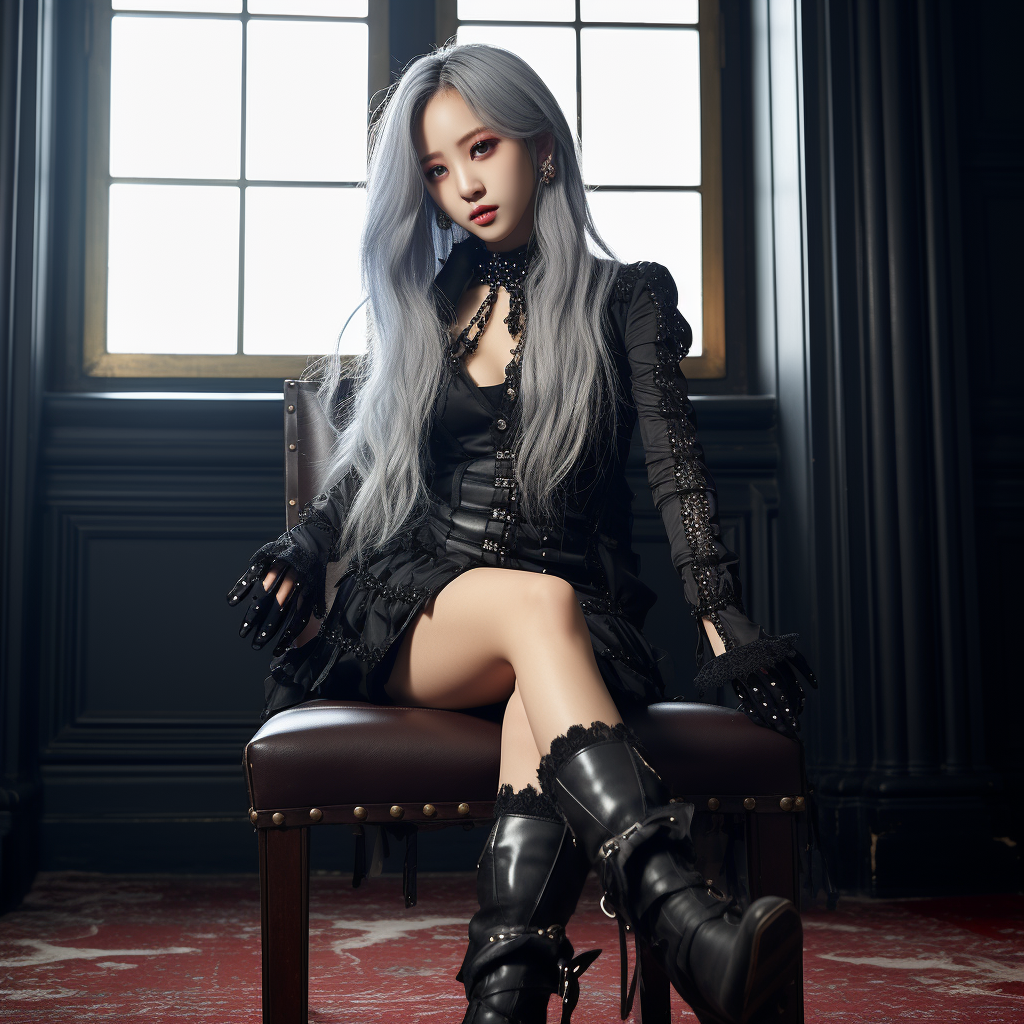 Jisoo in gothic clothes pointing to her boots