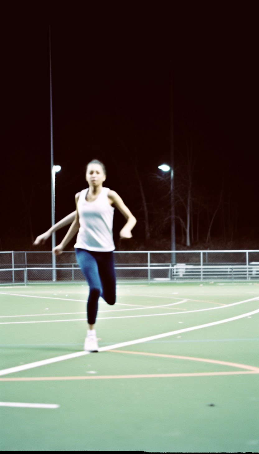 A disheveled woman jogging on a poorly lit track